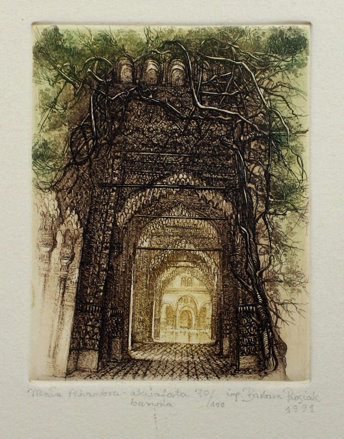 Small Alhambra - XX Century, Architecture Etching Print, Landscape, Fantasy - Black Figurative Print by Barbara Rosiak