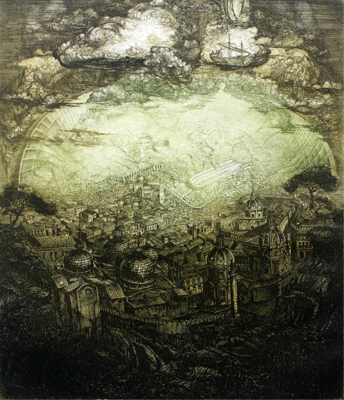 Visión de la Atlántida - Siglo XX, Grabado al aguafuerte de arquitectura, Paisaje, Fantasía