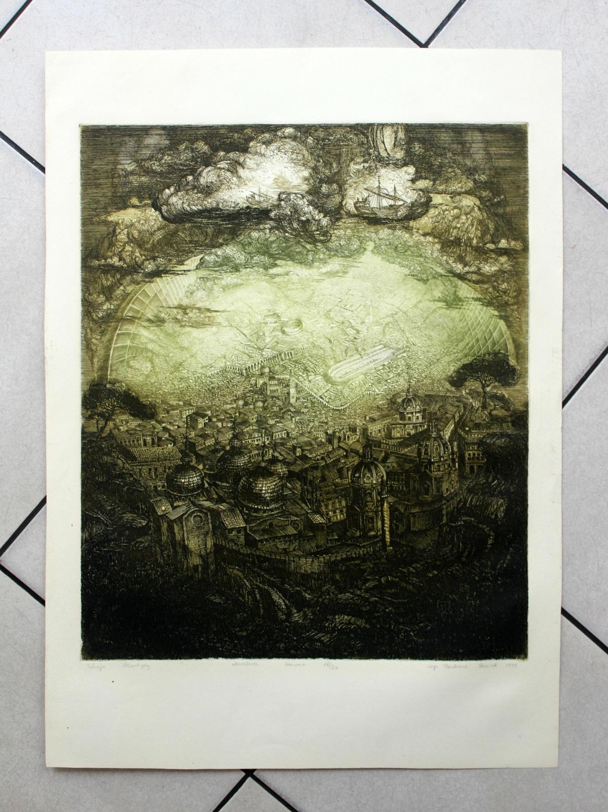 Vision von Atlantis - XX Jahrhundert, Architektur-Radierungsdruck, Landschaft, Fantasie – Print von Barbara Rosiak