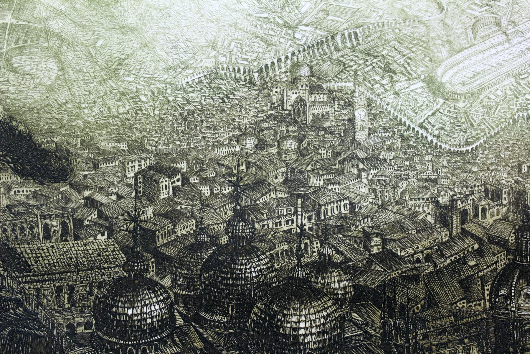 Vision von Atlantis - XX Jahrhundert, Architektur-Radierungsdruck, Landschaft, Fantasie (Schwarz), Landscape Print, von Barbara Rosiak