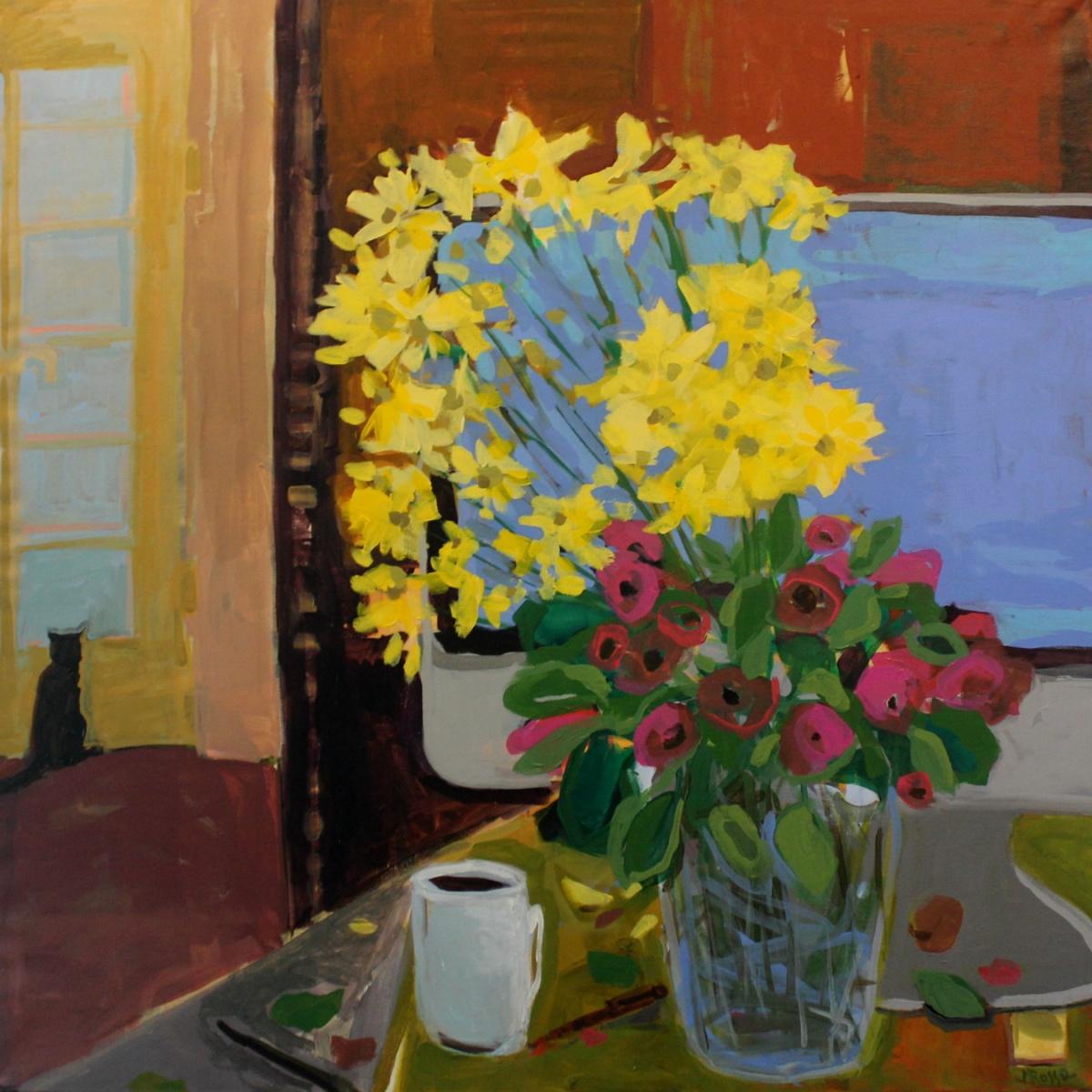 Natura morta con fiori - XXI secolo, Pittura a olio contemporanea, Gatto, Colorato