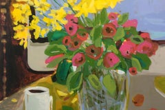 Still life with flowers - XXI century, Contemporary Oil Painting, Cat, Colorful