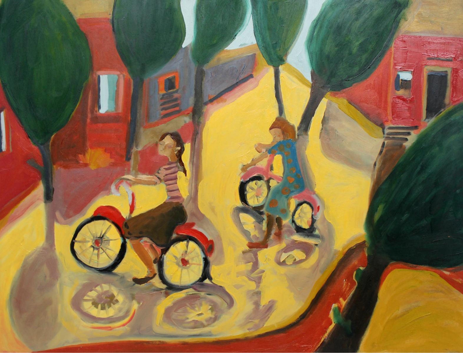 Monika Rossa Landscape Painting - Girls on bikes - XXI century, Contemporary Oil & Acrylic Painting, Bright Colors