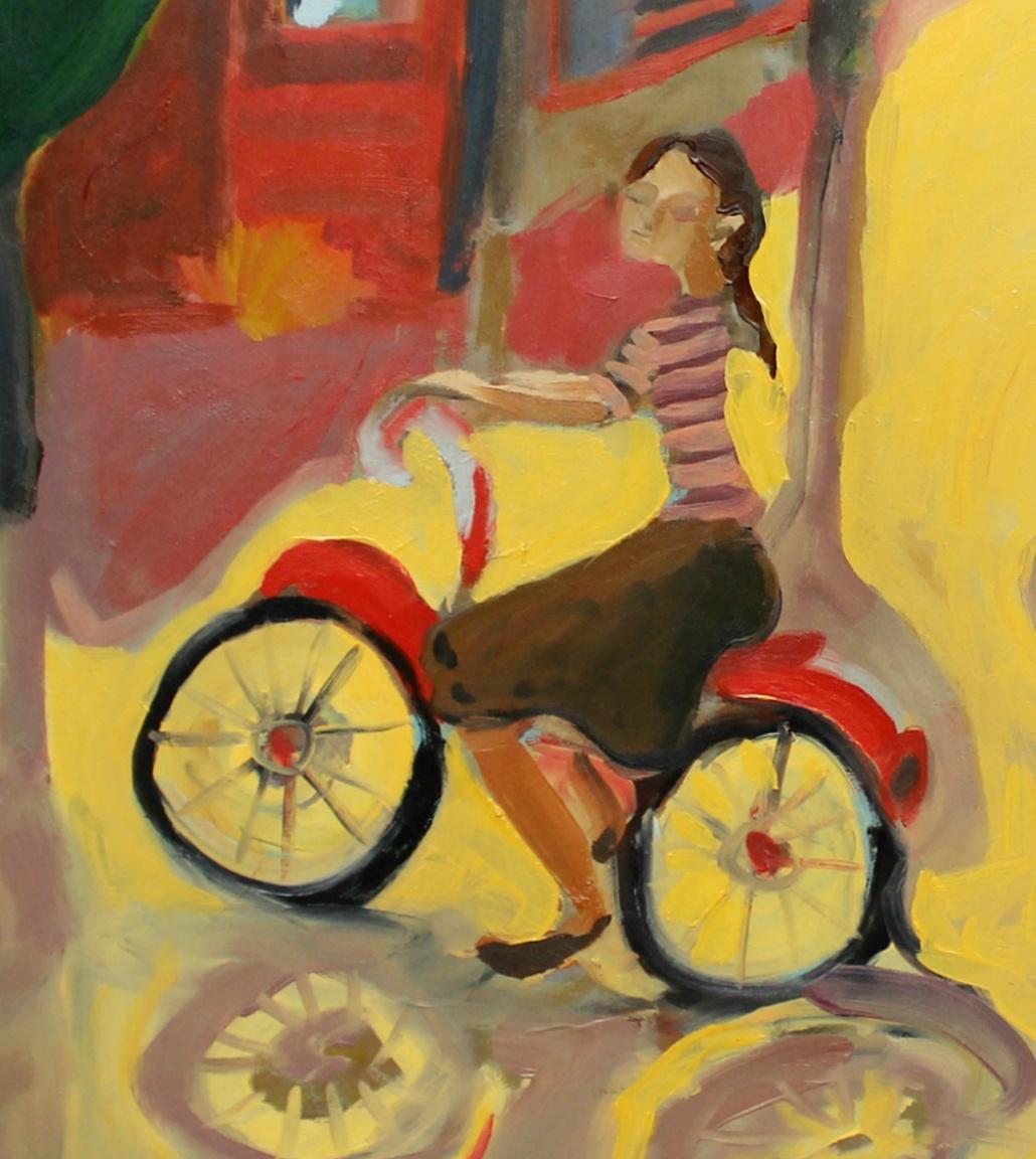 Mädchen auf Fahrraden – 21. Jahrhundert, zeitgenössisches Öl- und Acrylgemälde, leuchtende Farben – Painting von Monika Rossa