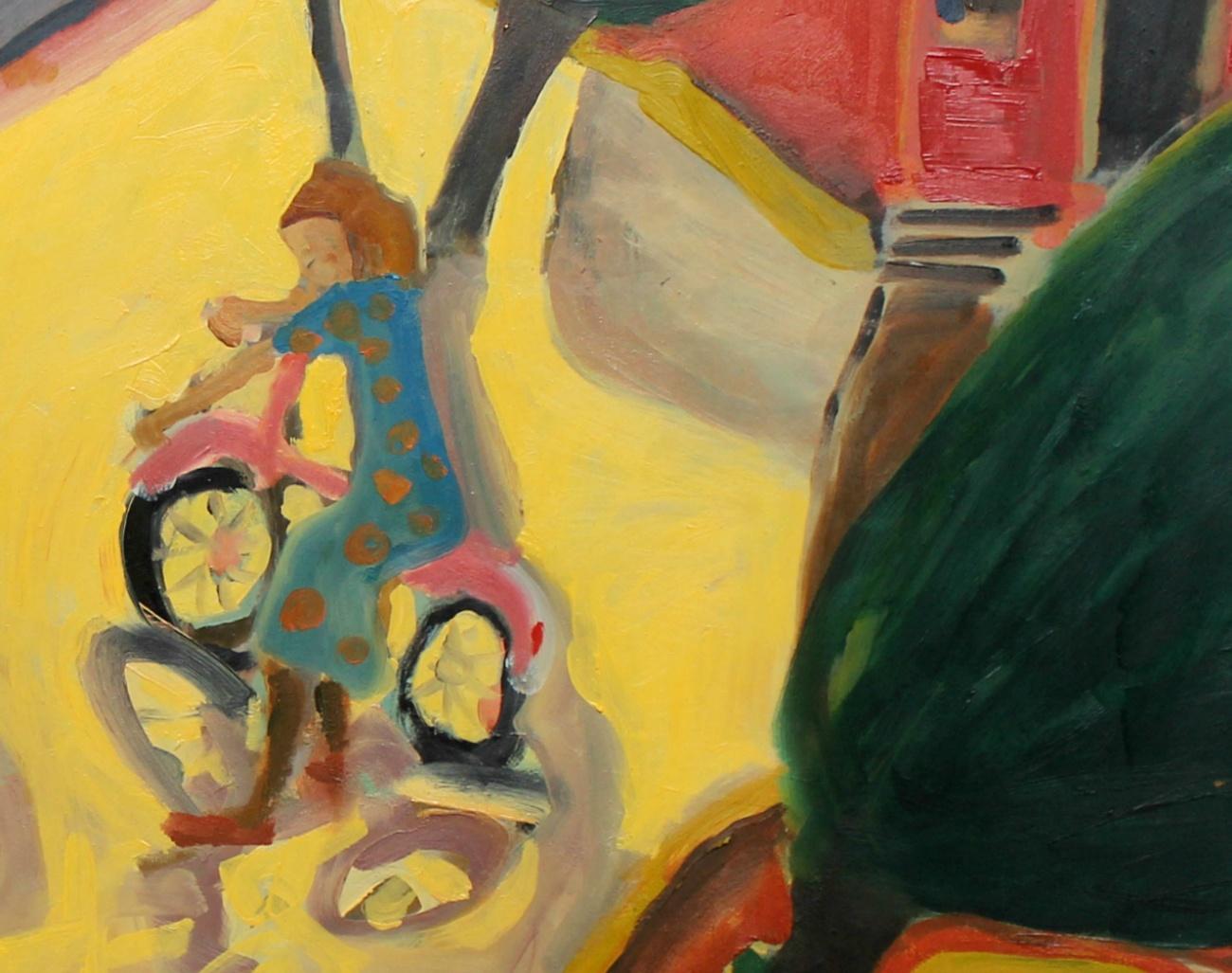 Mädchen auf Fahrraden – 21. Jahrhundert, zeitgenössisches Öl- und Acrylgemälde, leuchtende Farben (Zeitgenössisch), Painting, von Monika Rossa