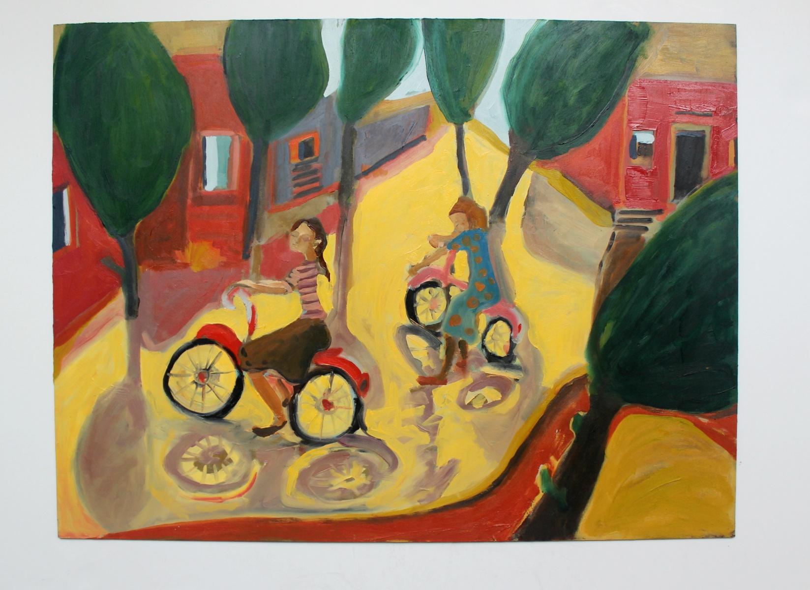 Mädchen auf Fahrraden – 21. Jahrhundert, zeitgenössisches Öl- und Acrylgemälde, leuchtende Farben (Braun), Landscape Painting, von Monika Rossa