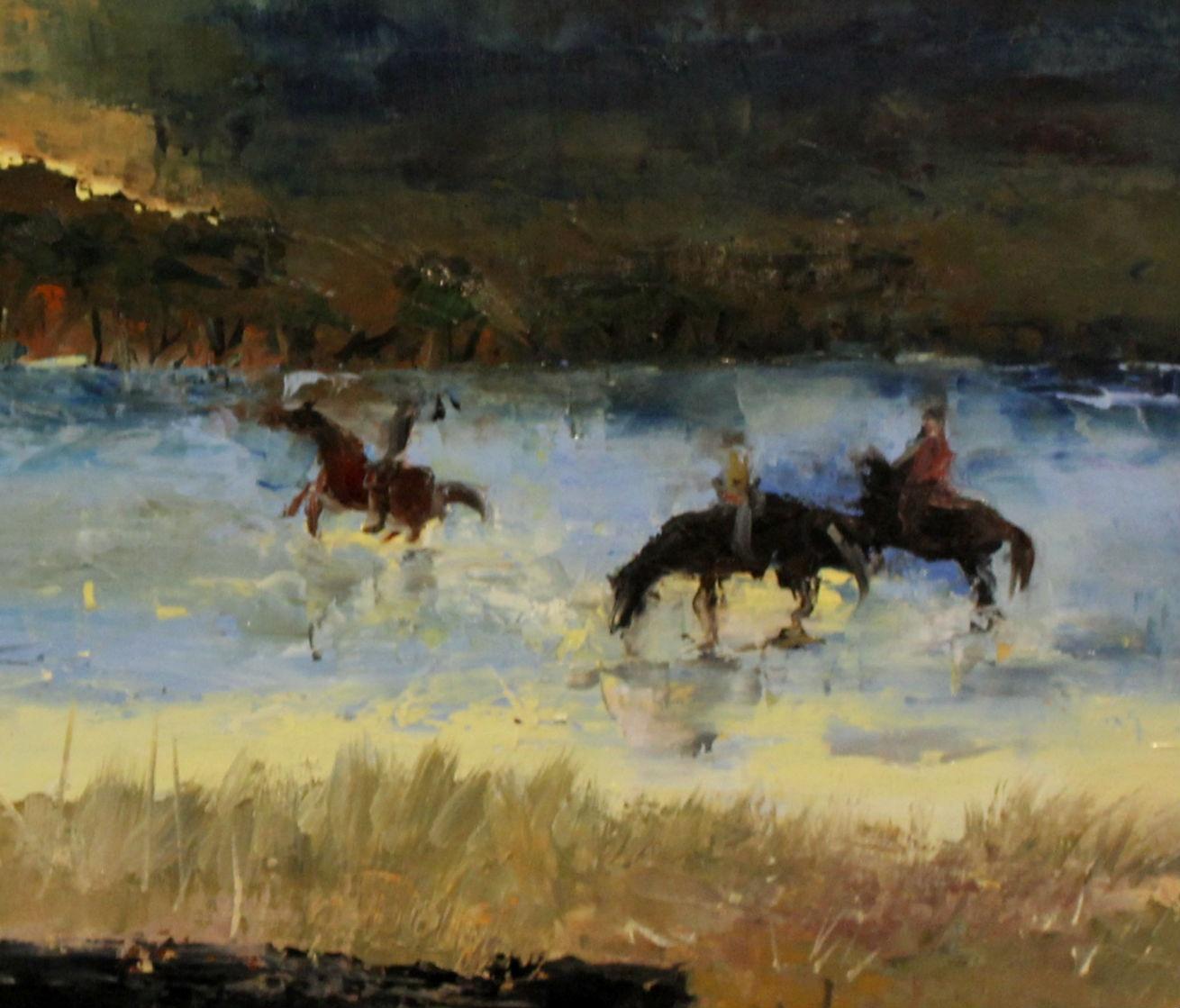 Pferde Reiter – 21. Jahrhundert, zeitgenössisches figuratives Ölgemälde, gedämpfte Farben – Painting von Monika Rossa
