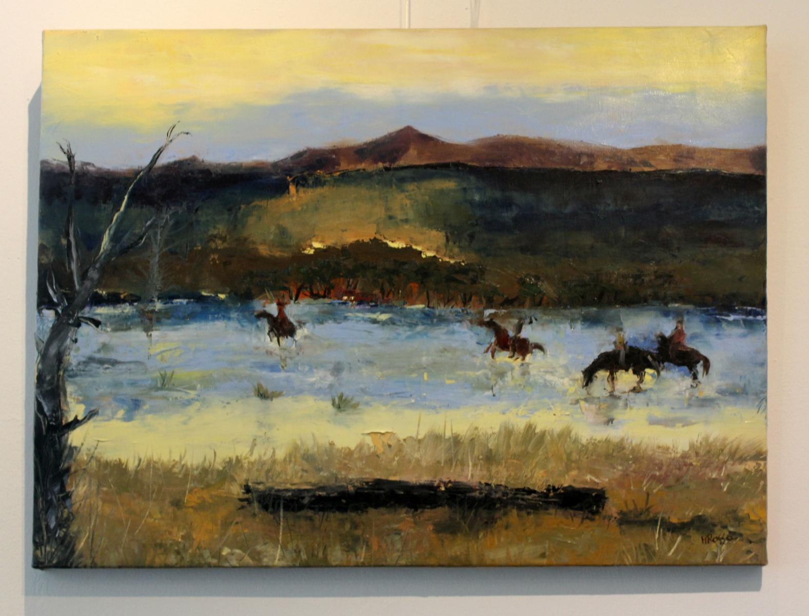 Pferde Reiter – 21. Jahrhundert, zeitgenössisches figuratives Ölgemälde, gedämpfte Farben (Zeitgenössisch), Painting, von Monika Rossa