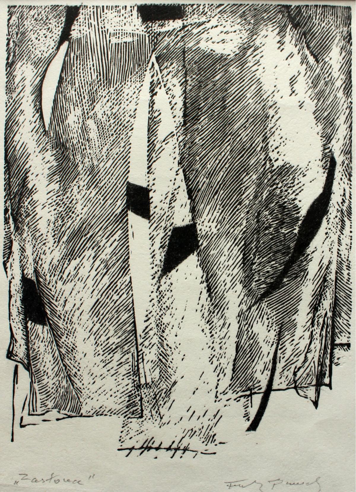 Curtain - XX century, Contemporary Black & White Linocut Print