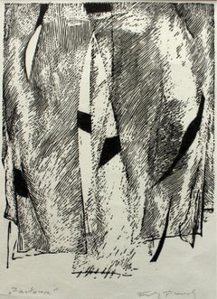 Cortina - Siglo XX, Grabado contemporáneo en linograbado blanco y negro