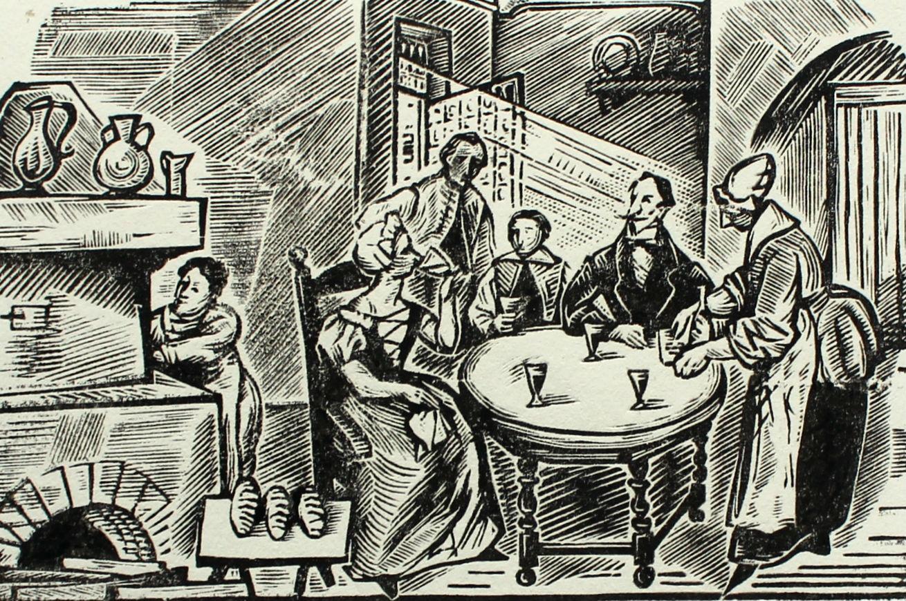 Señor en el Castillo de Arena - Grabado xilográfico en blanco y negro del siglo XX