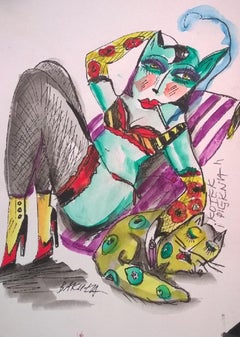 Beauty and a kitty - XXI century, Watercolour figurative, Colourful, Animals