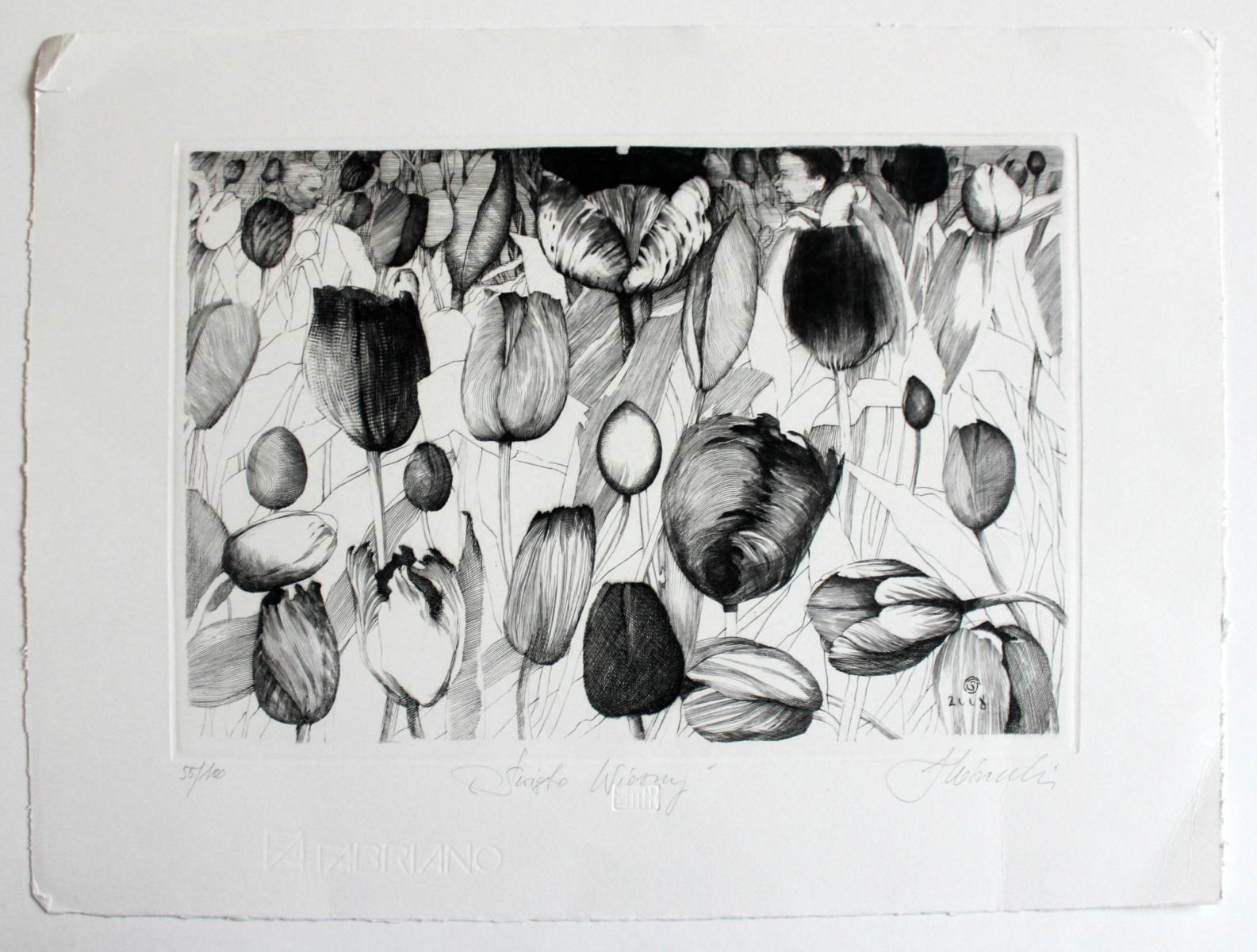 Spring's holiday - XXI Century, Figurative Copperplate Print, Flowers, Tulips 1