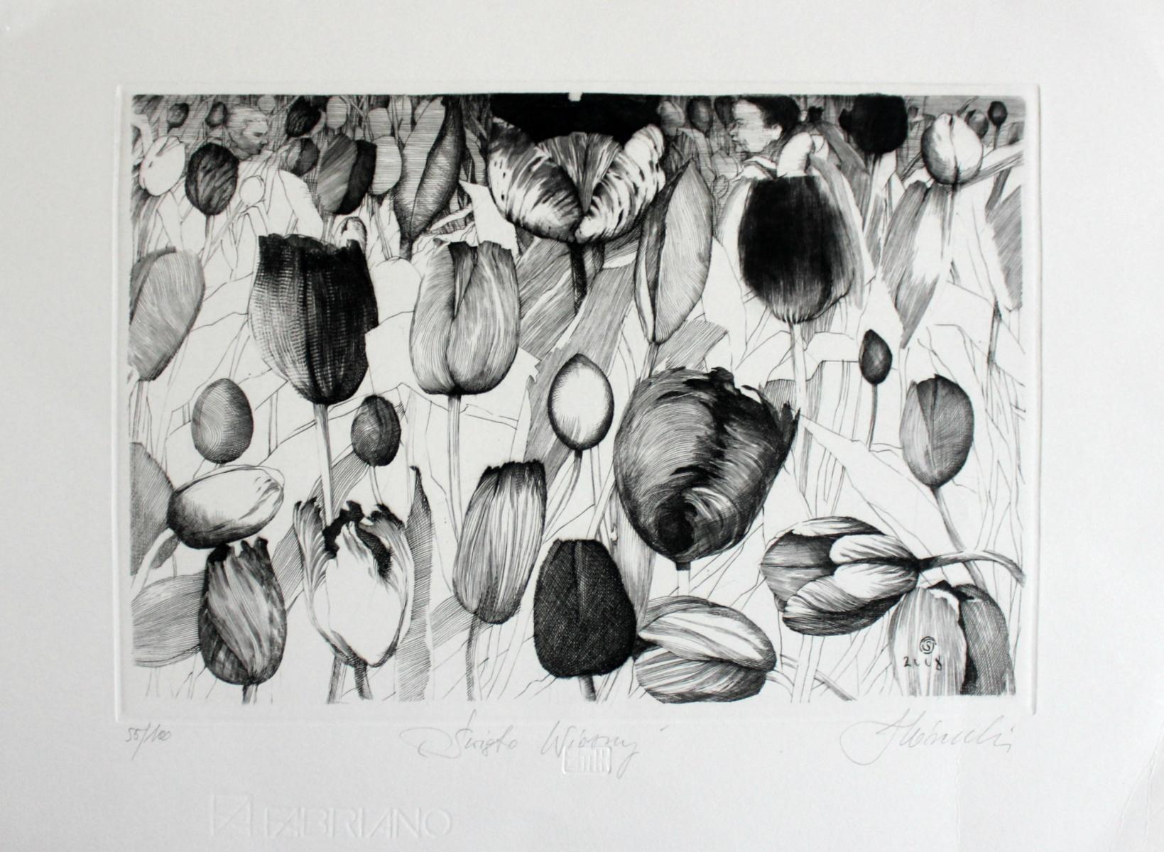 Spring's holiday - XXI Century, Figurative Copperplate Print, Flowers, Tulips 2