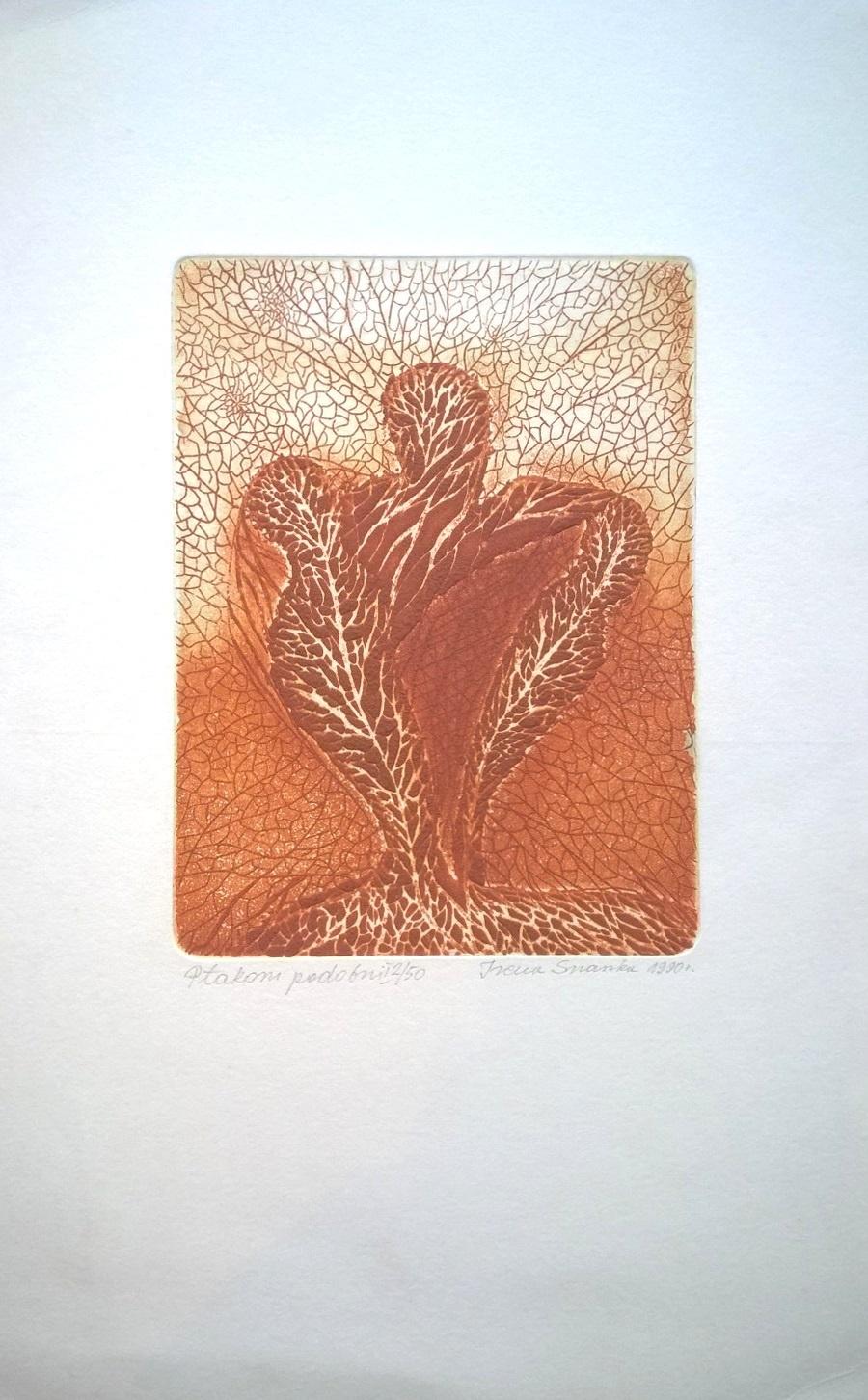 Similar to birds - XX Century, Abstract Etching Print, Organic Shapes