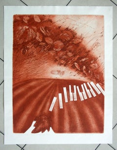 Chopin's mazurka - XXe siècle, gravure abstraite à l'eau-forte, monochrome, clés de piano