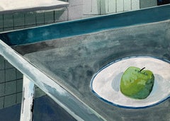 Grüner Apfel - XX Jahrhundert, realistisches, figuratives Aquarellgemälde, Innenseite