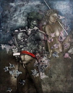The Autumn - XX century, Mixed media print, Figurative, Nude, Muted Colors