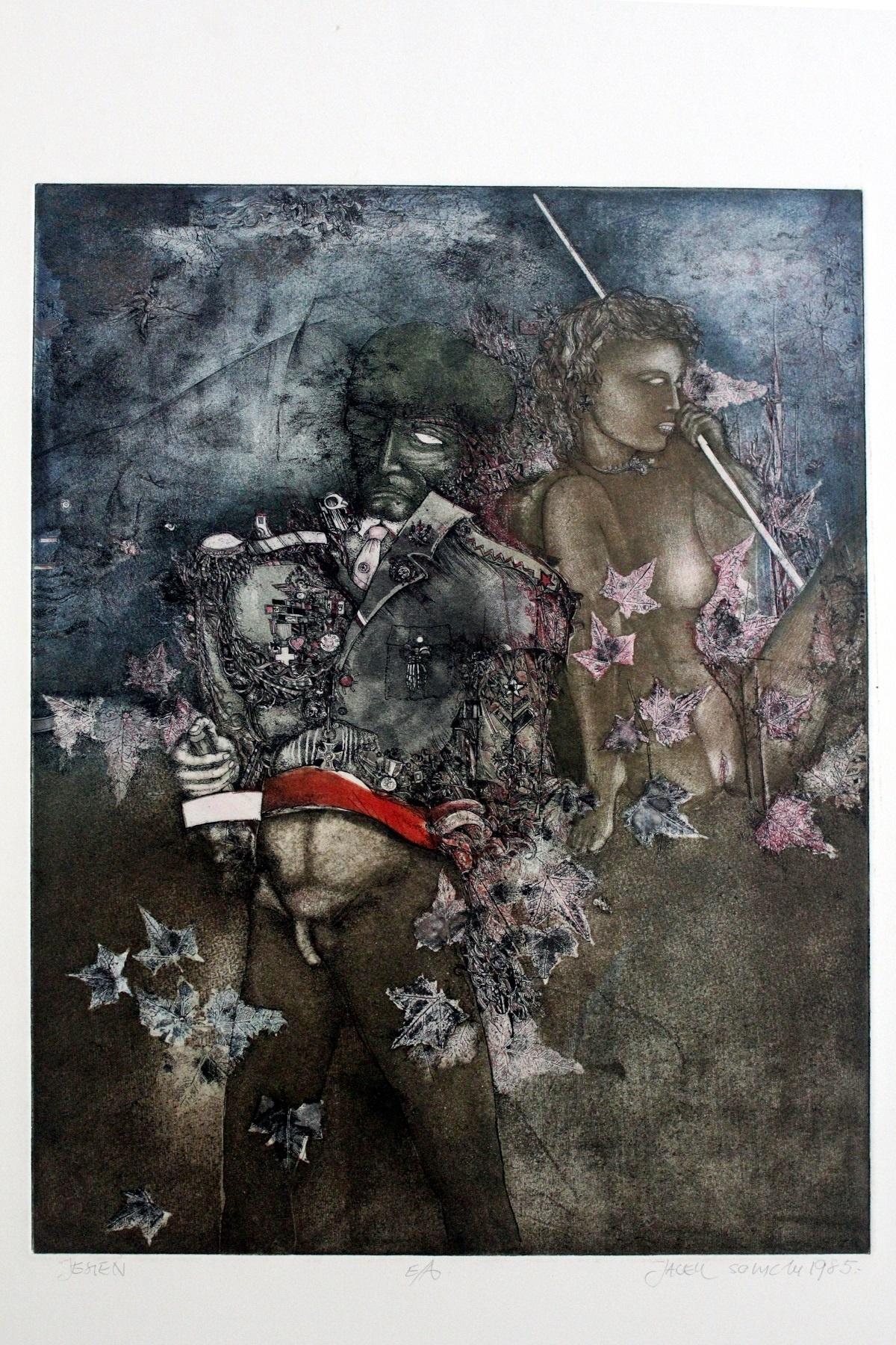 The Autumn - XX century, Mixed media print, Figurative, Nude, Muted Colors - Print by Jacek Sowicki