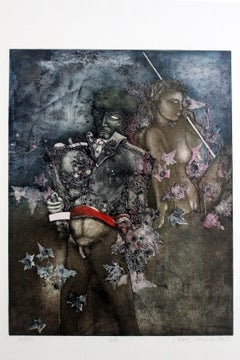 The Autumn - XX century, Mixed media print, Figurative, Nude, Muted Colors