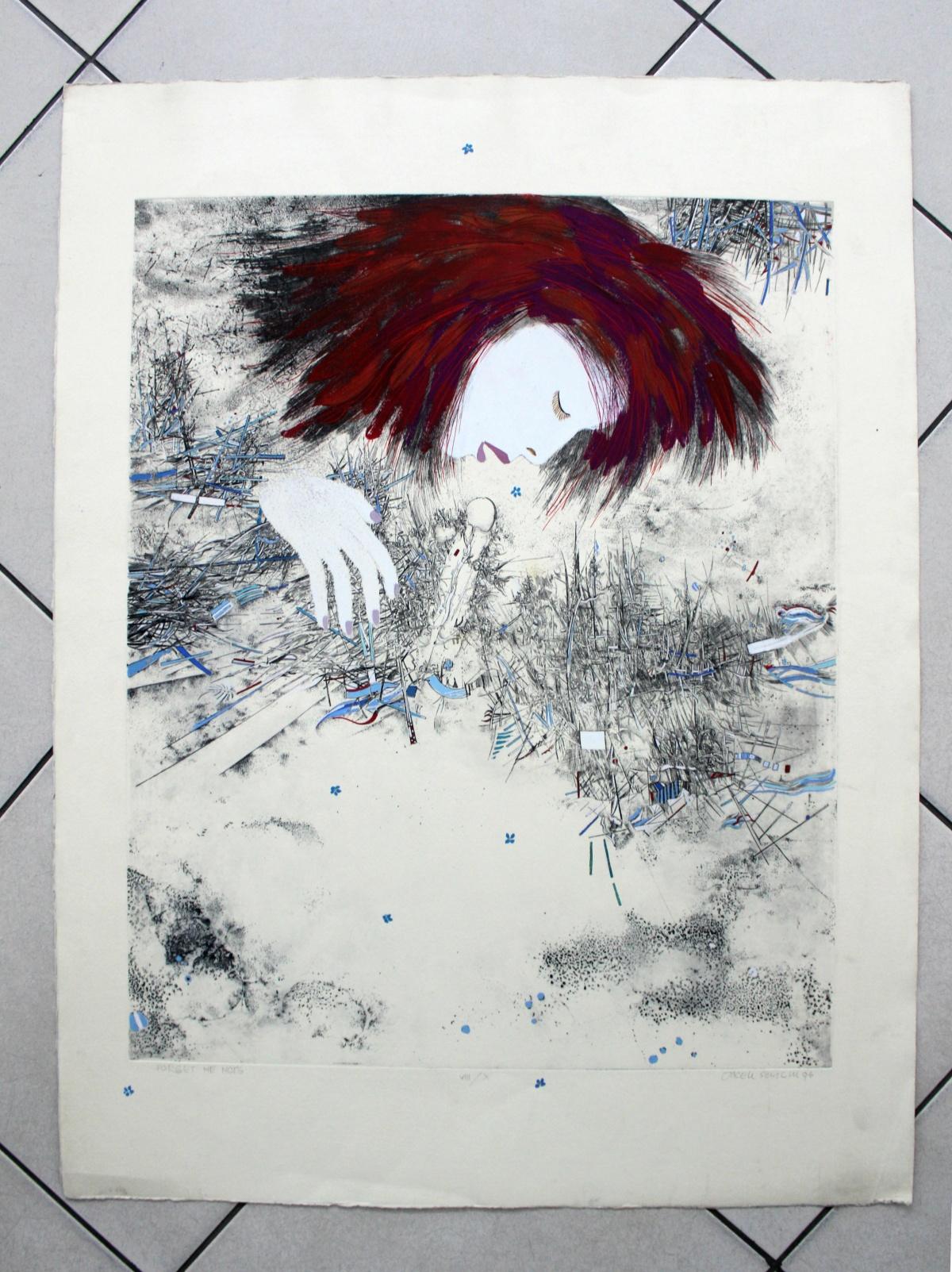 Forget me nots - XX century, Mixed media print, Figurative, Portrait, Abstract - Print by Jacek Sowicki