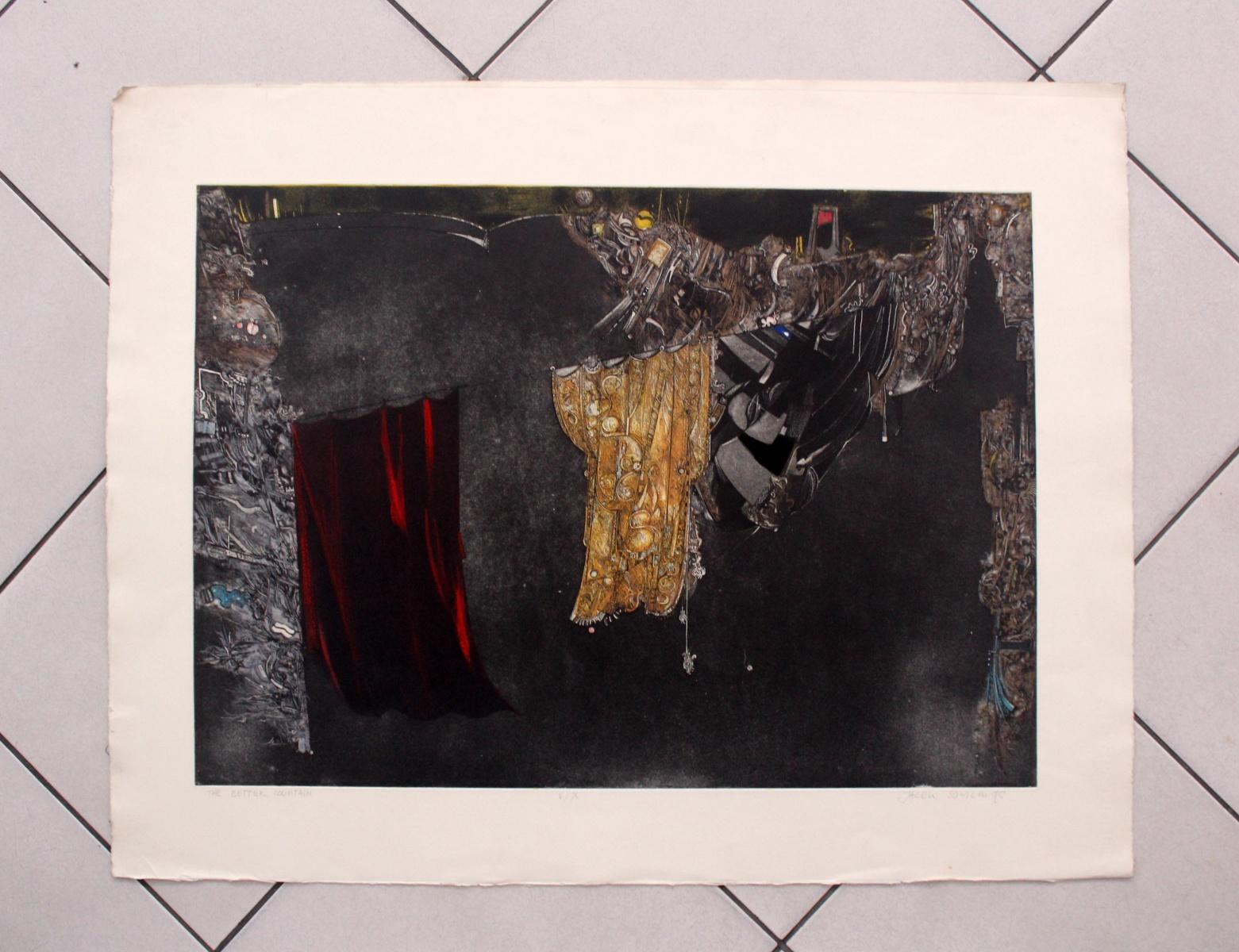 The better curtain - XX century, Mixed media print, Abstract, Black Red & Yellow - Print by Jacek Sowicki
