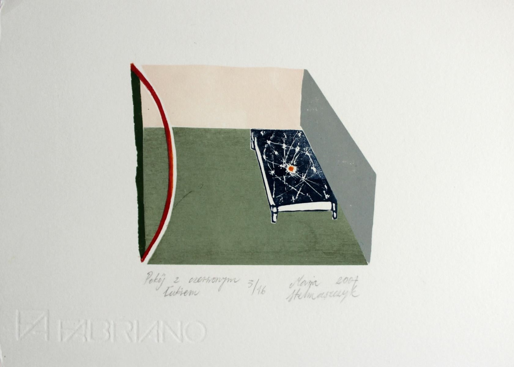 Raum mit rotem Bogen – 21. Jahrhundert, zeitgenössischer Linocut-Holzschnitt, farbenfroher Druck – Print von Maria Stelmaszczyk