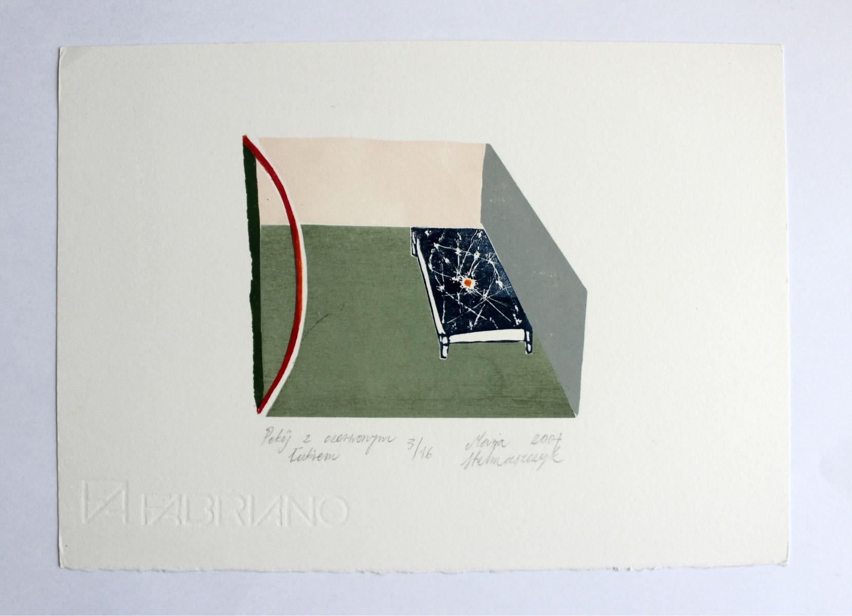 Raum mit rotem Bogen – 21. Jahrhundert, zeitgenössischer Linocut-Holzschnitt, farbenfroher Druck (Zeitgenössisch), Print, von Maria Stelmaszczyk