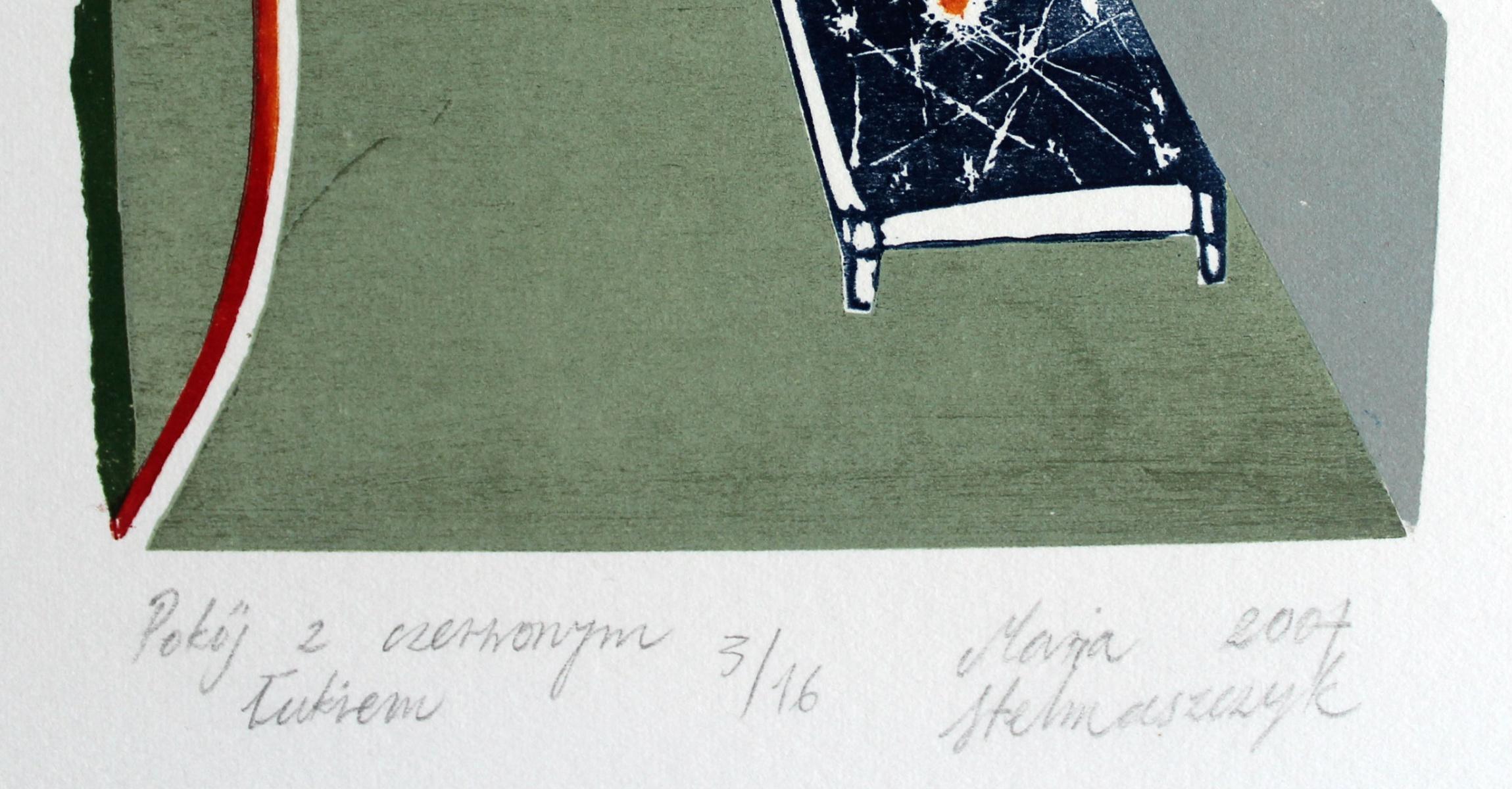 Raum mit rotem Bogen – 21. Jahrhundert, zeitgenössischer Linocut-Holzschnitt, farbenfroher Druck (Beige), Interior Print, von Maria Stelmaszczyk