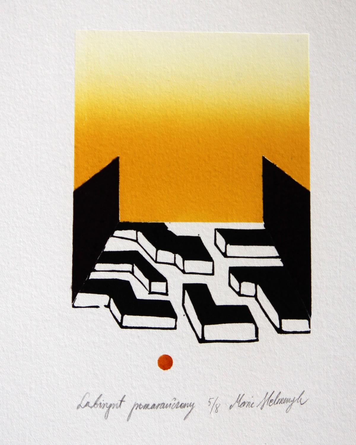 Orange labyrinth - XXI Century, Contemporary Linocut & Woodcut Print, Abstract