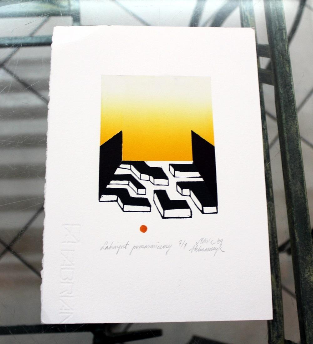 Labirinto arancione - XXI secolo, Stampa linoleografica e xilografica contemporanea, Astratto - Print di Maria Stelmaszczyk