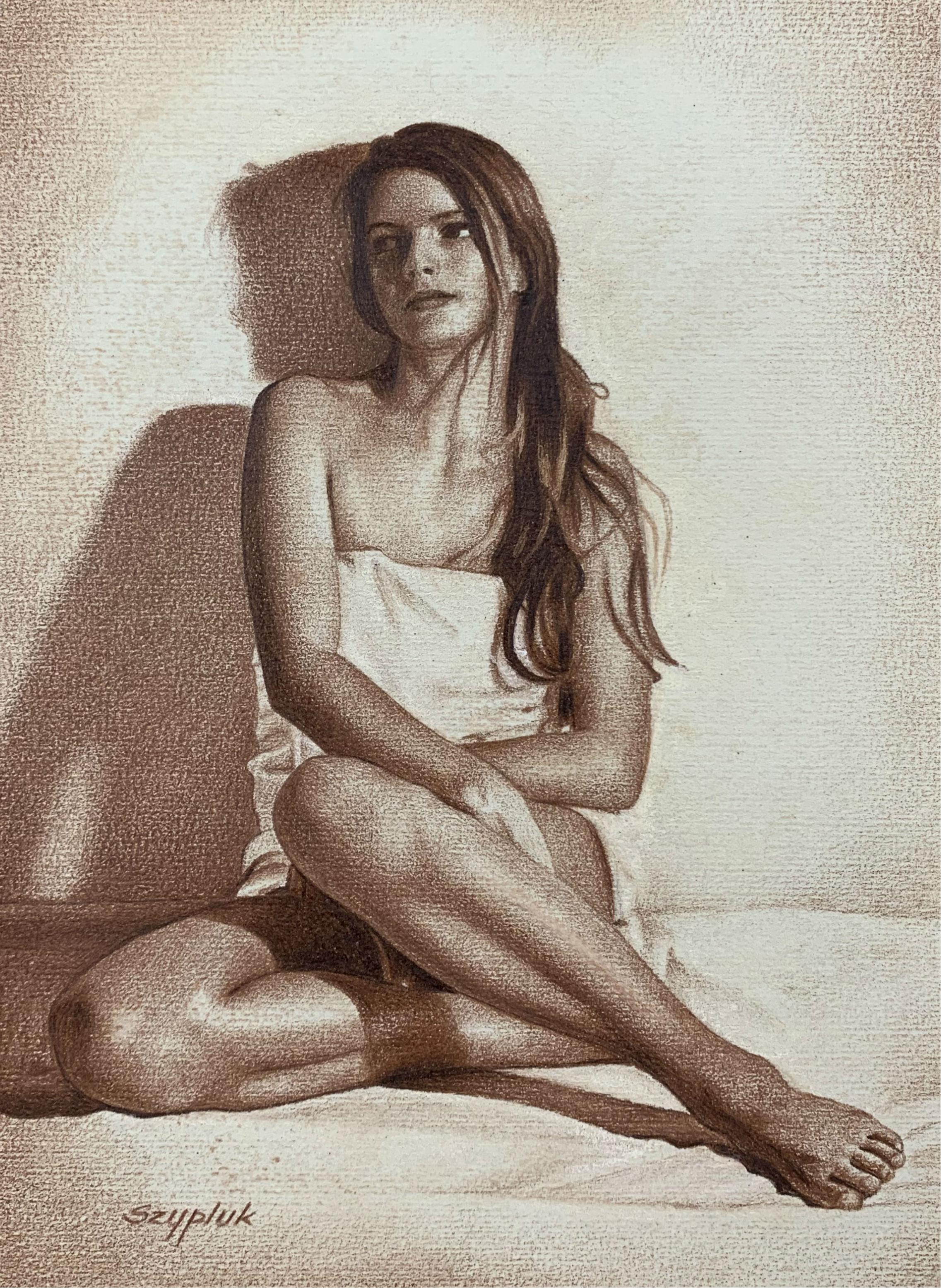 A girl - XXI century, Contemporary Realistic Figurative Mixed Media Drawing   - Art by Andrzej Szypluk