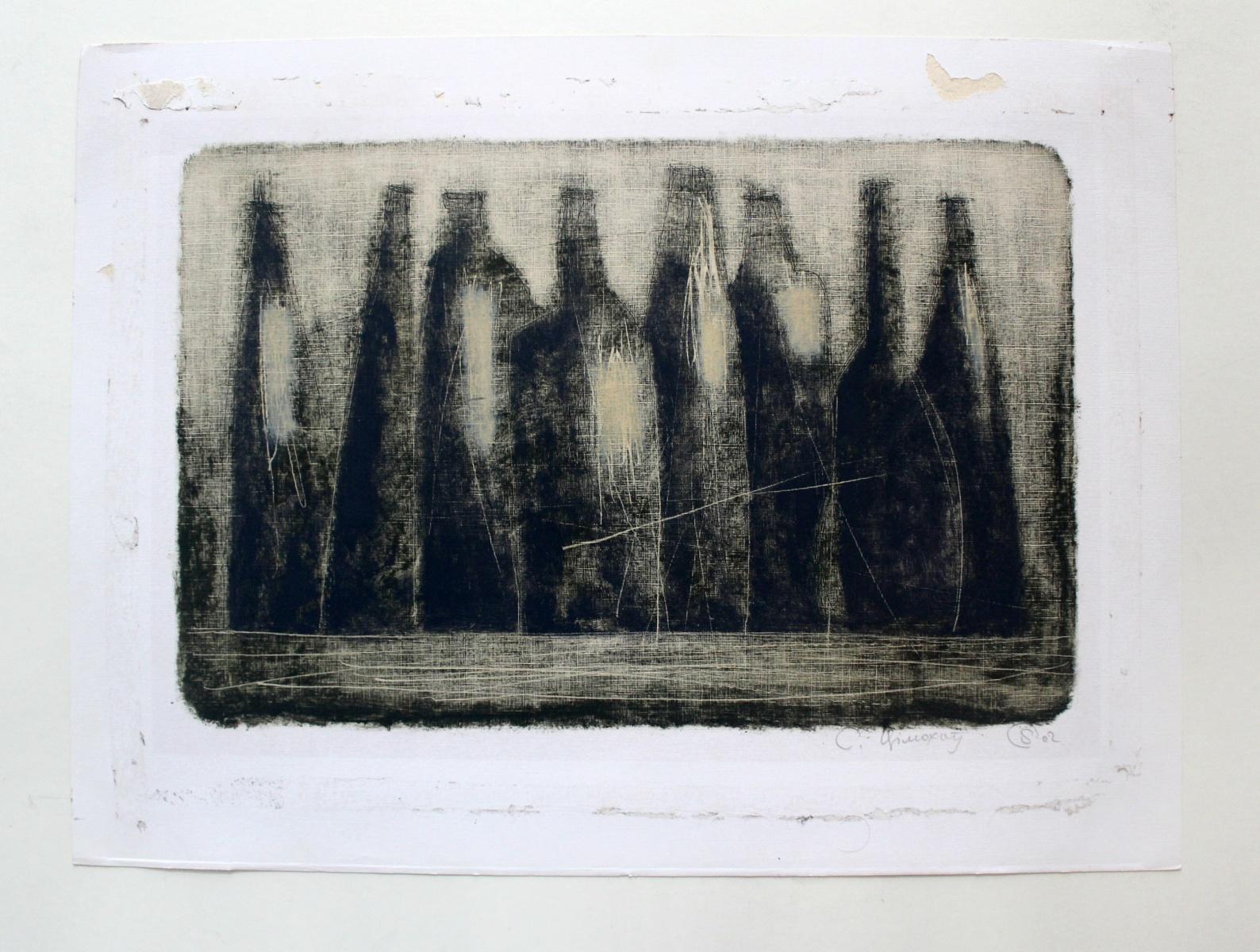 Still life with bottles - XXI Century, Contemporary Monotype Print, Dark colors - Black Still-Life Print by Siergiej Timochow
