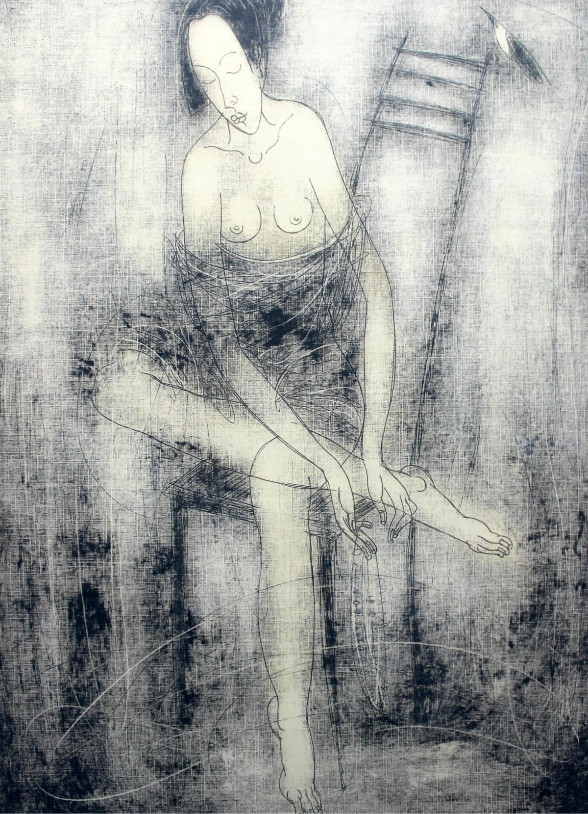 Siergiej Timochow Nude Print - Nude on a chair - XXI Century, Contemporary Figurative Monotype Print