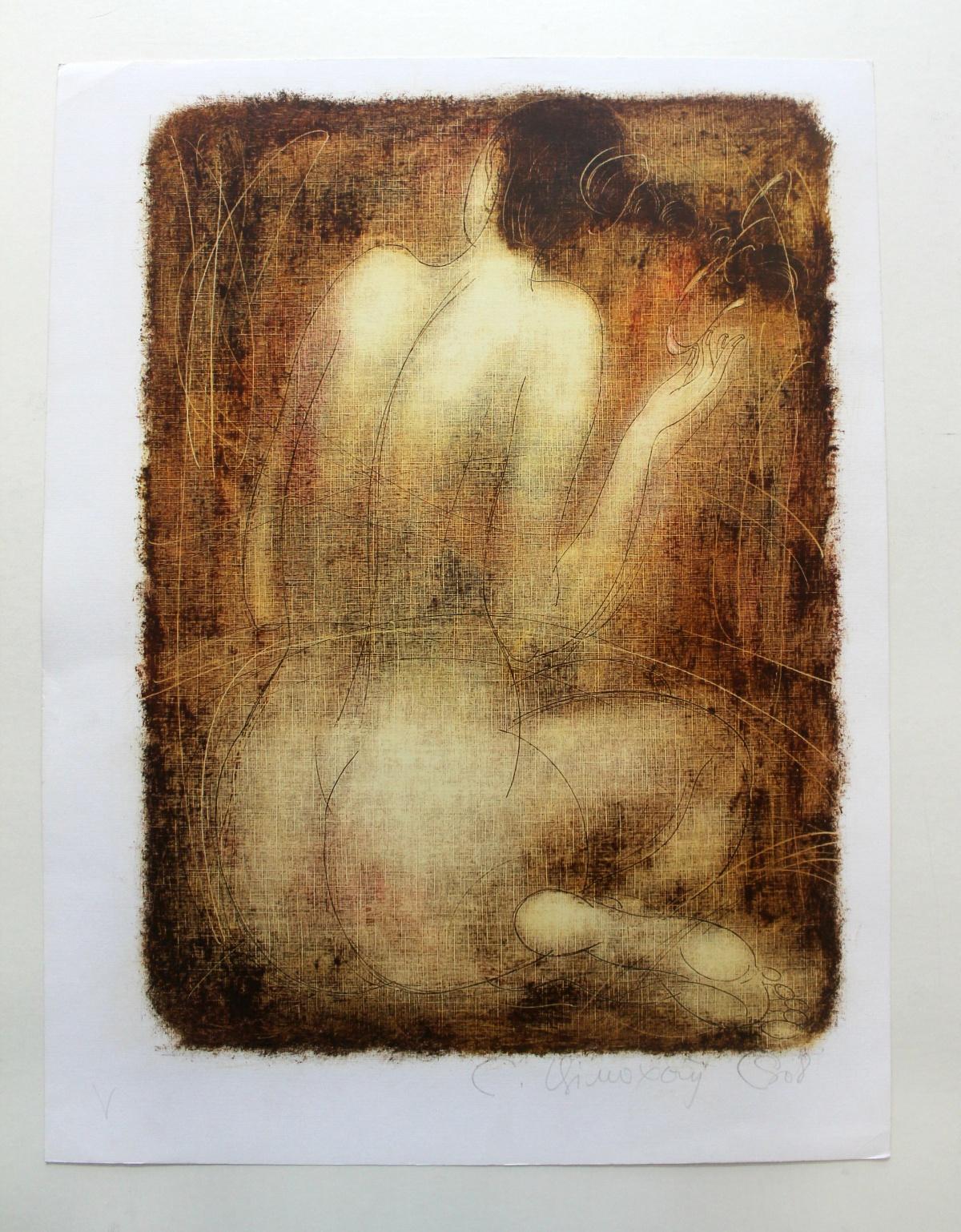 Nudo - XXI secolo, Stampa monotipo figurativa contemporanea - Nude Print Marrone di Siergiej Timochow