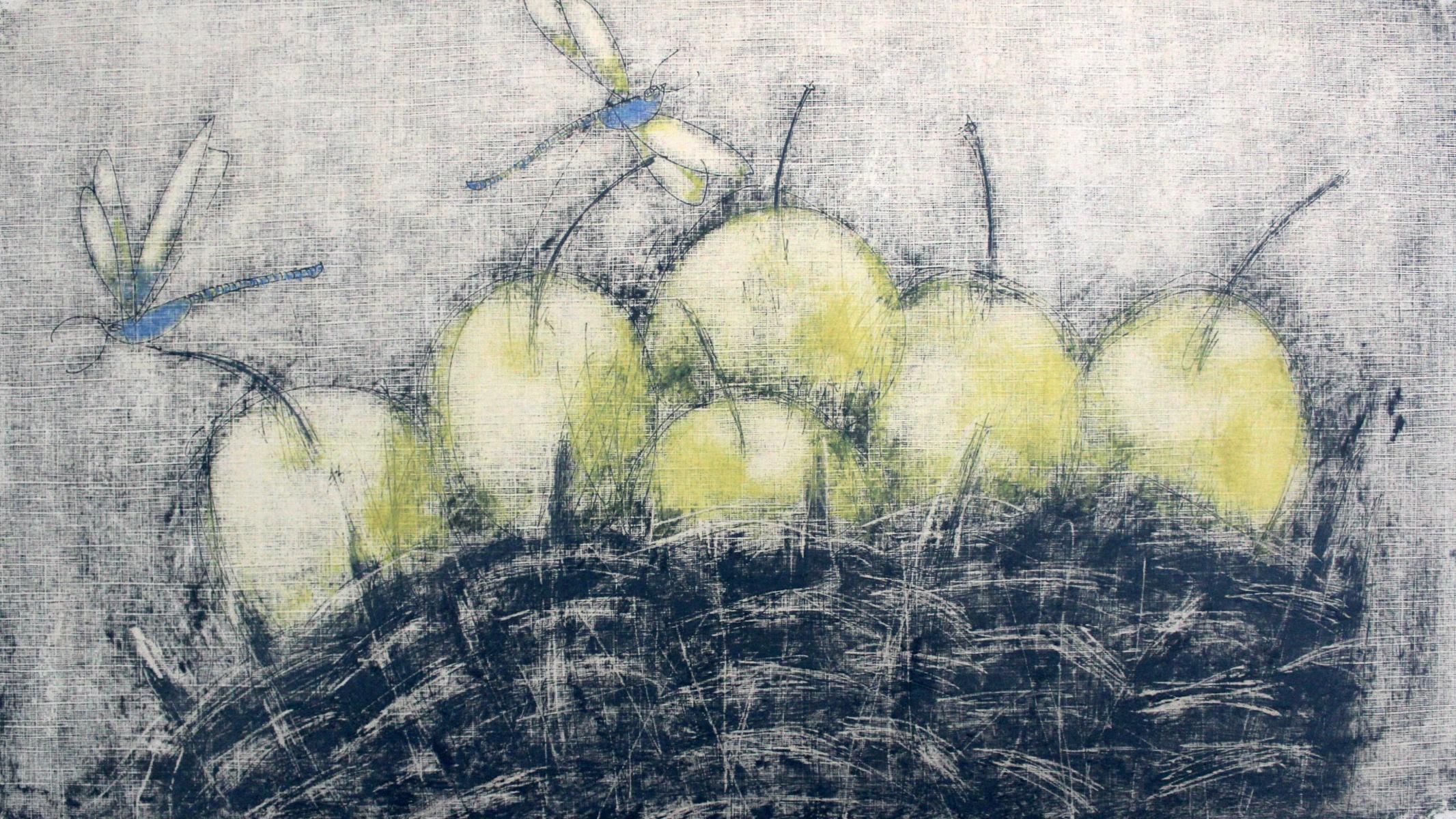 Yellow apples - XXI Century, Contemporary Still life Monotype Print, Figurative