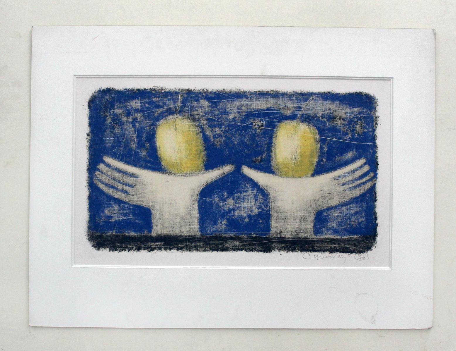 Still life with hands and apples - XXI Century, Figurative Monotype Print For Sale 2