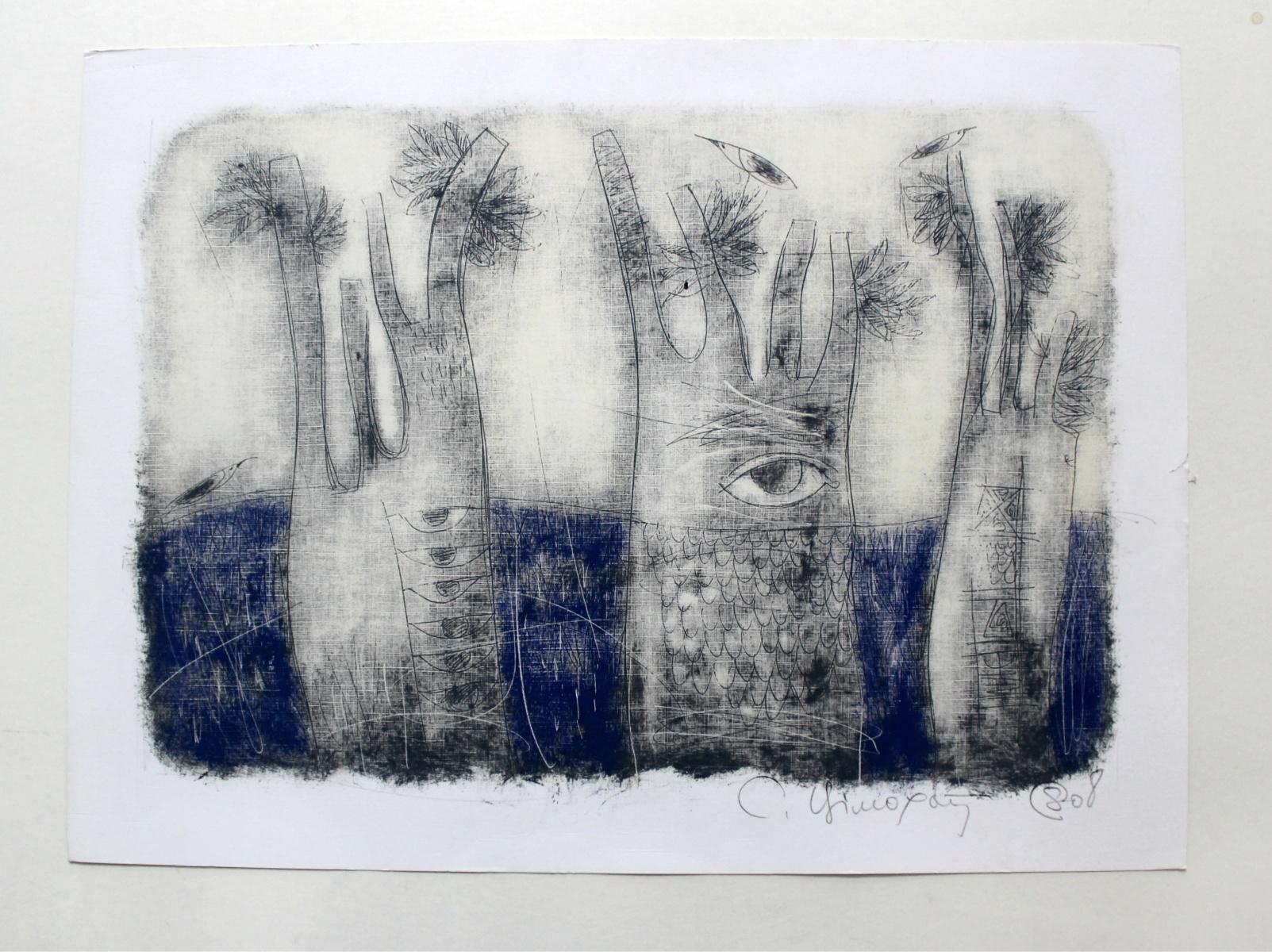 Paysage avec arbres - XXIe siècle, impression figurative de monotype, surréaliste - Gris Landscape Print par Siergiej Timochow