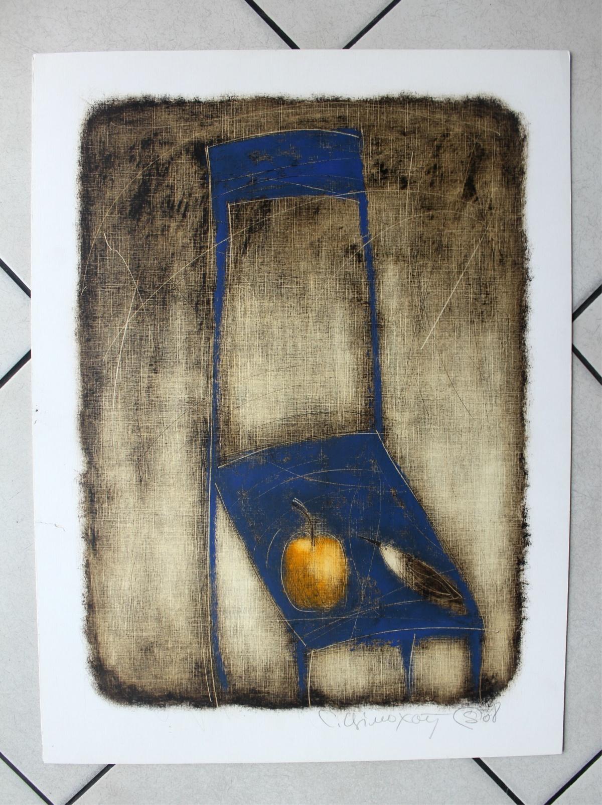 Still life with a chair - XXI Century, Figurative Monotype Print, Bird, Apple - Brown Figurative Print by Siergiej Timochow