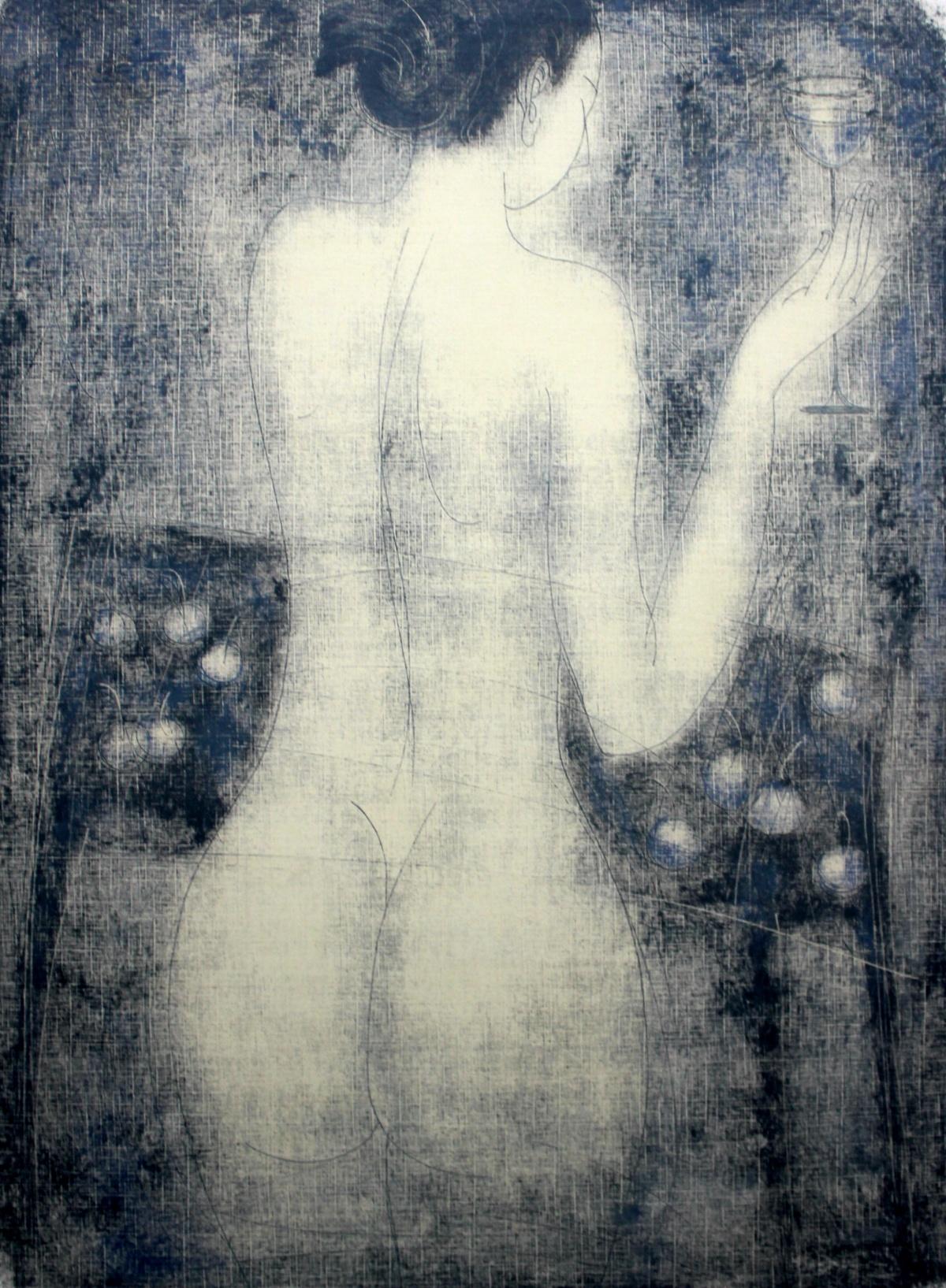 Siergiej Timochow Nude Print - Nude with a glass - XXI Century, Figurative Monotype Print, Monochromatic