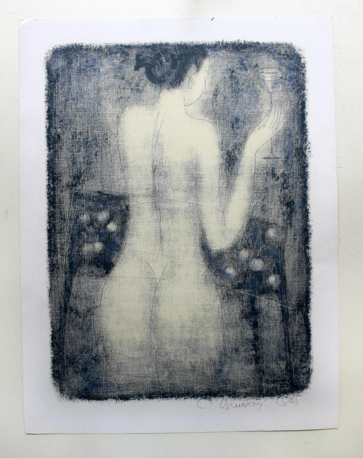 Nude with a glass - XXI Century, Figurative Monotype Print, Monochromatic For Sale 1