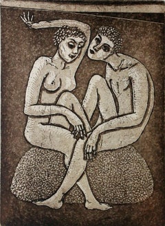 On a stone - XXI Century, Contemporary Figurative Etching Print, Nude