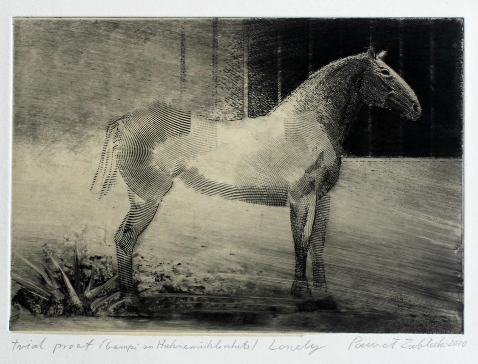 Lonely - XXI Century, Contemporary Figurative Etching Print, Animal, Horse - Brown Nude Print by Pawel Zablocki