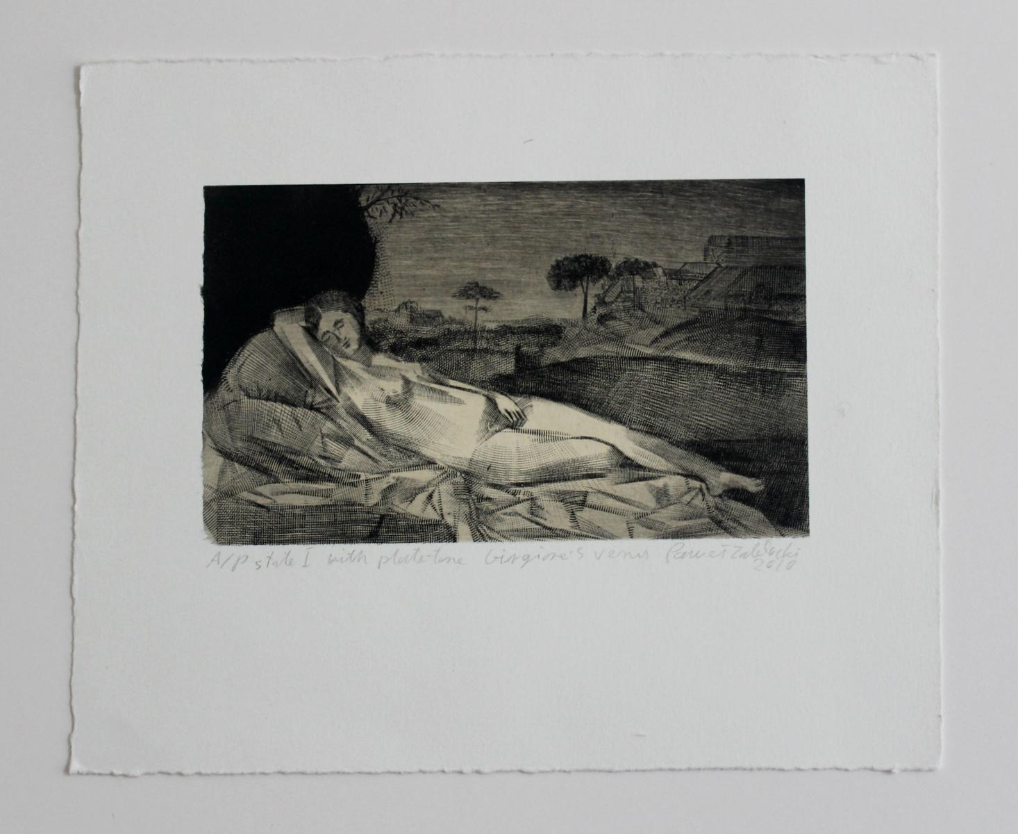 Giorgione's Venus - Contemporary Figurative Etching Print, Nude, Landscape - Black Figurative Print by Pawel Zablocki