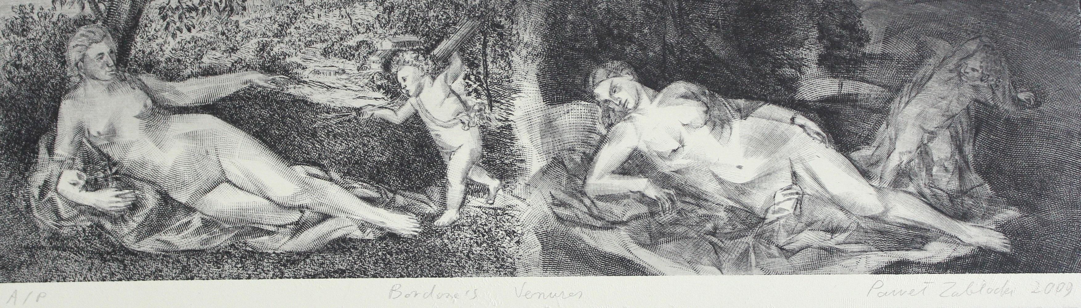 Bordone: Venus von Bordone – zeitgenössischer figurativer Radierungsdruck, Akt, Landschaft – Print von Pawel Zablocki