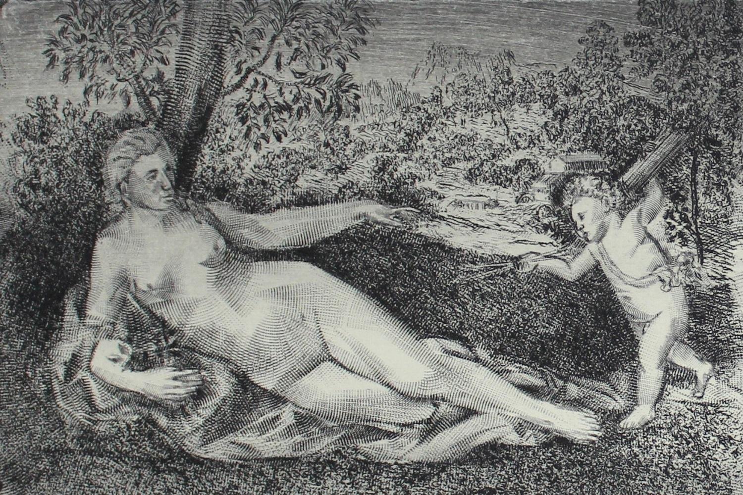 Bordone: Venus von Bordone – zeitgenössischer figurativer Radierungsdruck, Akt, Landschaft (Grau), Nude Print, von Pawel Zablocki