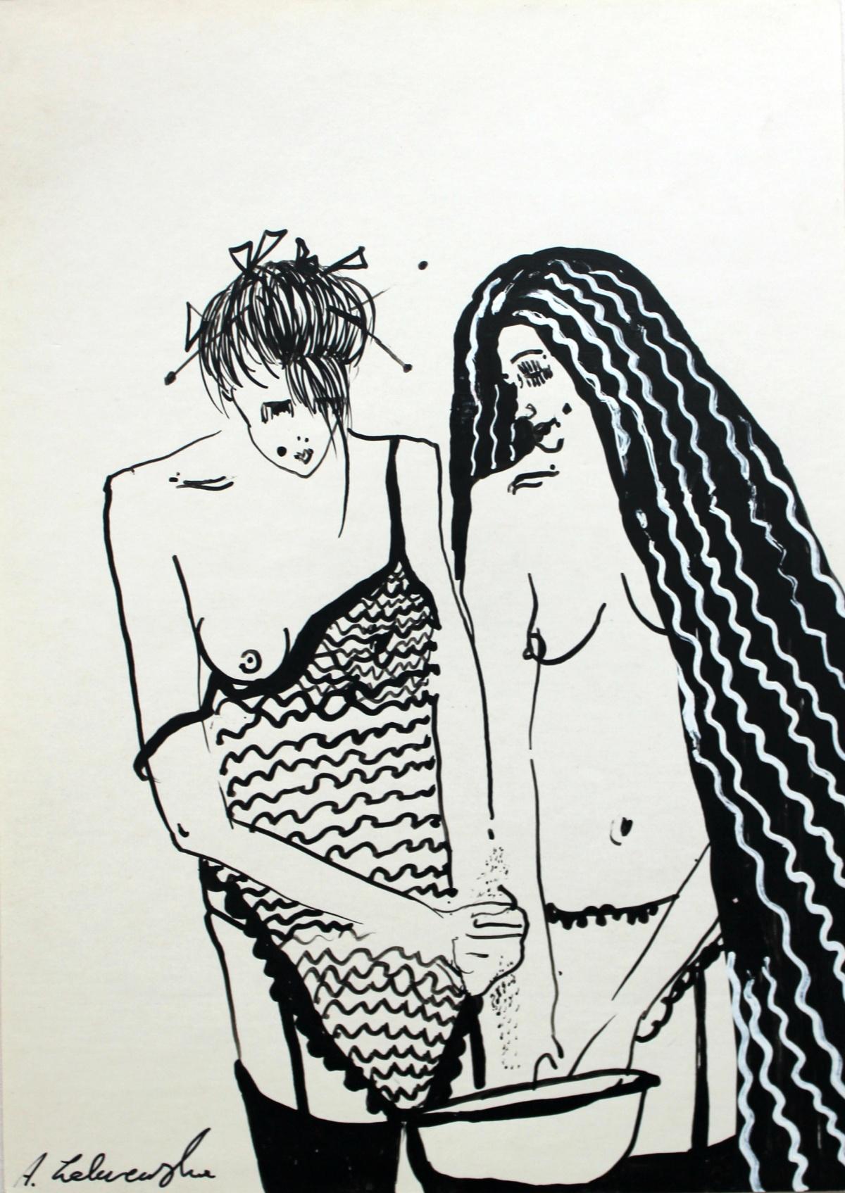 Untitled - XXI Century, Contemporary Figurative Ink Drawing, Nude, Couple - Art by Agnieszka Zakrzewska