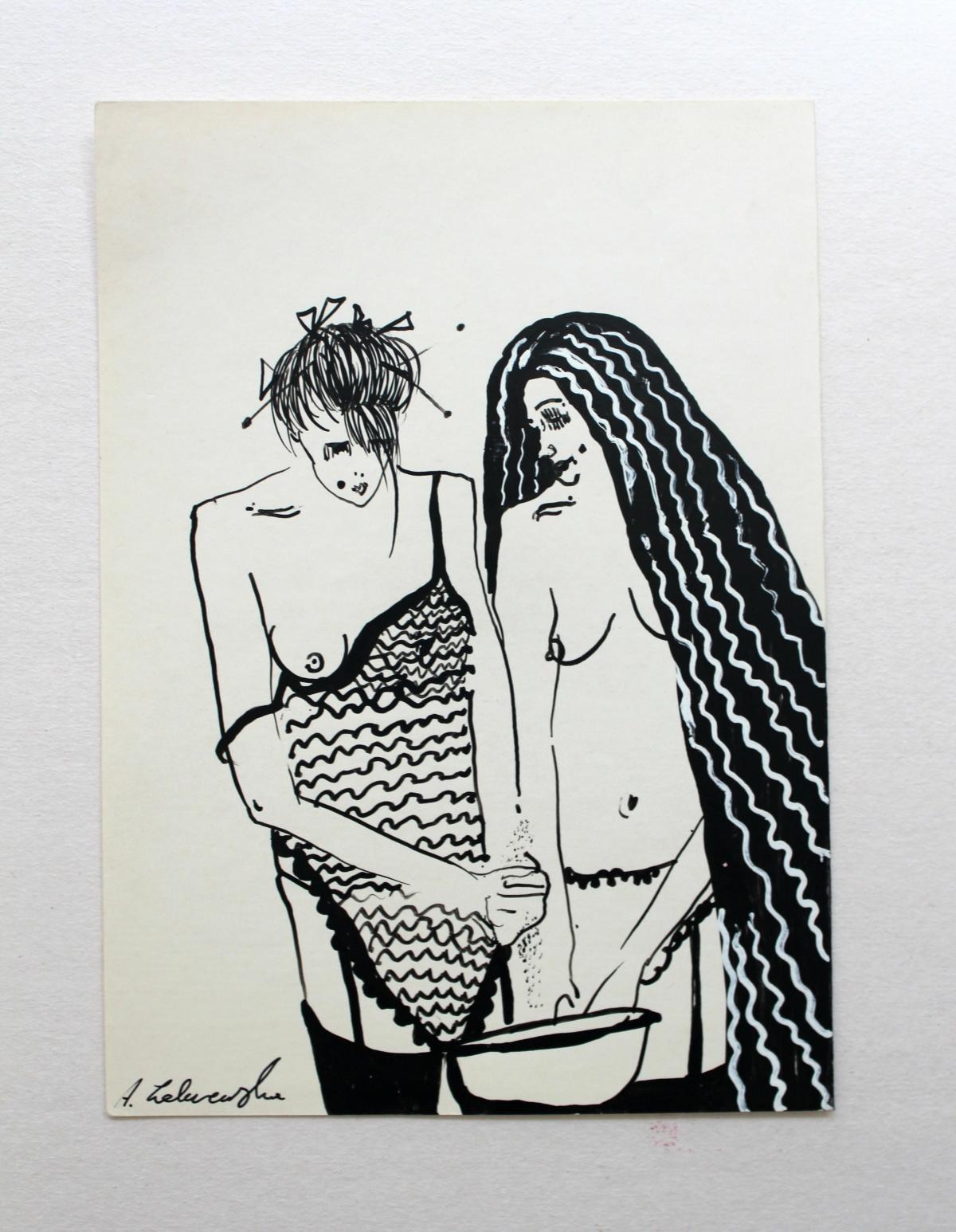 Untitled - XXI Century, Contemporary Figurative Ink Drawing, Nude, Couple 2