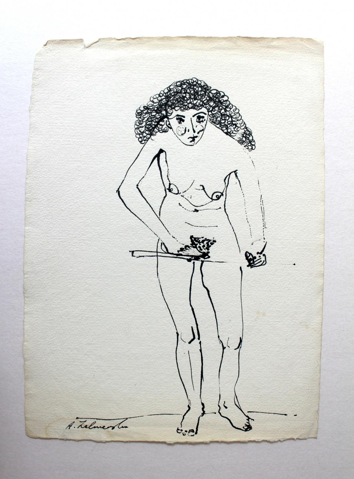 Ohne Titel - XXI Jahrhundert, Zeitgenössische figurative Tuschezeichnung, Nackt (Grau), Nude, von Agnieszka Zakrzewska