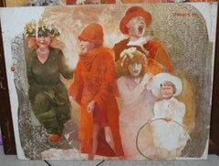 Chica con un aro de hula - Siglo XX, Pintura figurativa al óleo sobre tabla, Coloful